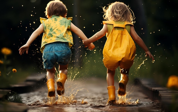 Happy little childrens jumps in puddles with rubber