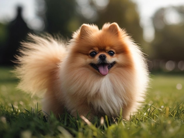 Happy Little Cute Fluffy Pedigree Pomeranian Dog cute walking outdoor at park on a grass lawn