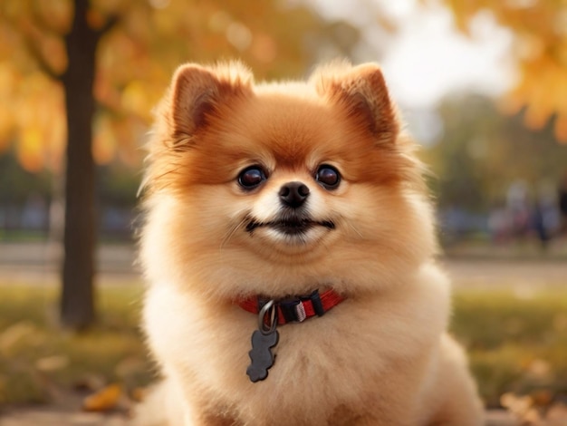 Happy Little Cute Fluffy Pedigree Pomeranian Dog cute walking outdoor at park on a grass lawn