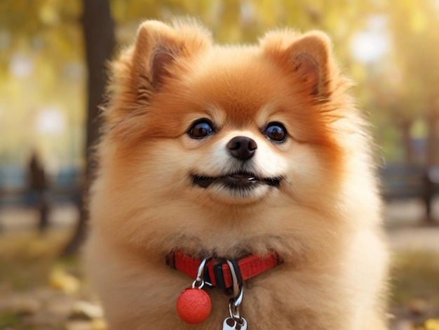 Happy Little Cute Fluffy Pedigree Pomeranian Dog cute walking outdoor at park on a grass lawn