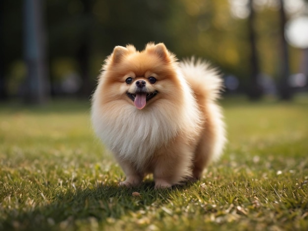 Happy Little Cute Fluffy Pedigree Pomeranian Dog cute walking outdoor at park on a grass lawn