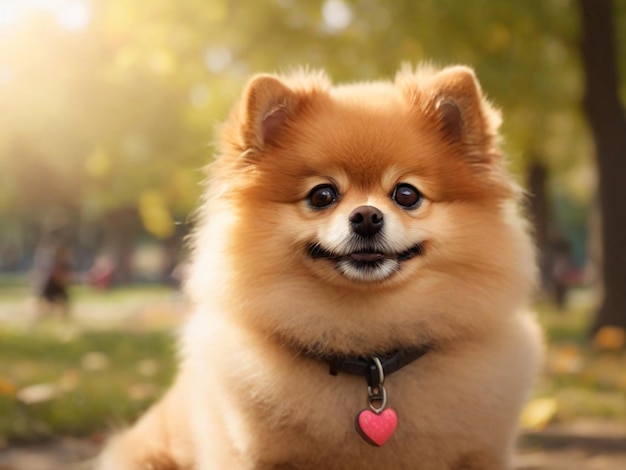 Happy Little Cute Fluffy Pedigree Pomeranian Dog cute walking outdoor at park on a grass lawn