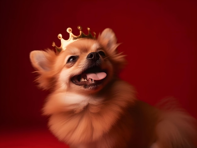 Happy little dog wearing golden crown on red background Created with Generative AI technology