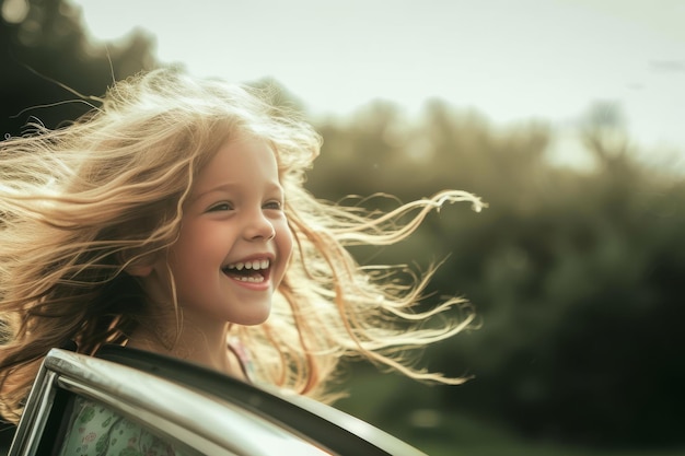 Photo happy little girl beside an open car window as her hair blows in the wind