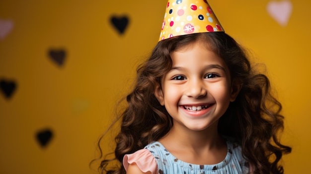 Happy little girl celebrates her birthday wearing a cap on a colorful background