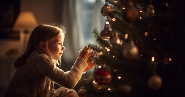 Happy little girl decorating christmas tree at home winter holidays charity and people concept