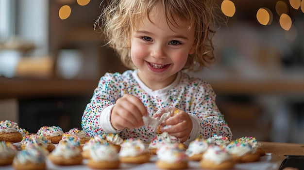 Happy Little Girl Decorating Cookies with Sprinkles