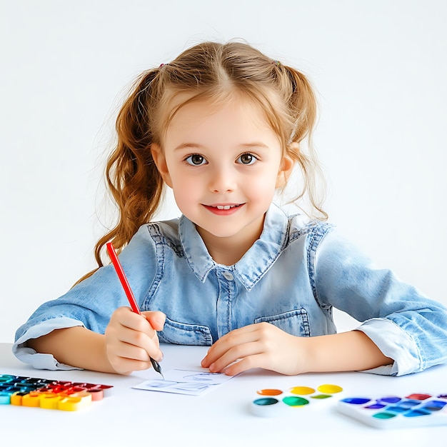 Photo happy little girl drawing with watercolors and a red pencil