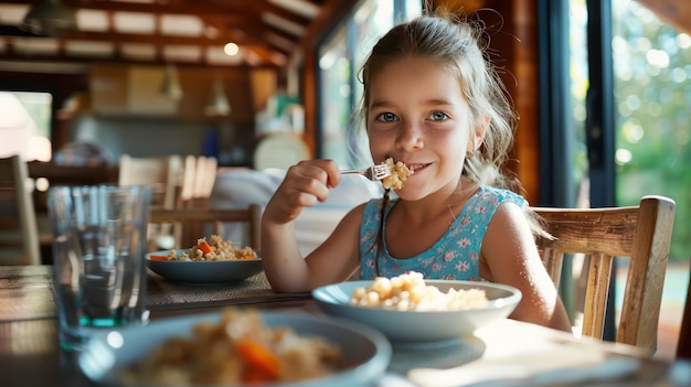 A happy little girl enjoying a meal