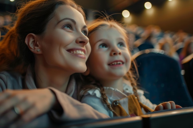 Photo happy little girl and her mother watching movie in cinema