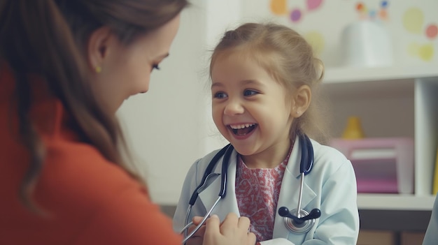 A happy little girl holds a stethoscope with a big smile on her face