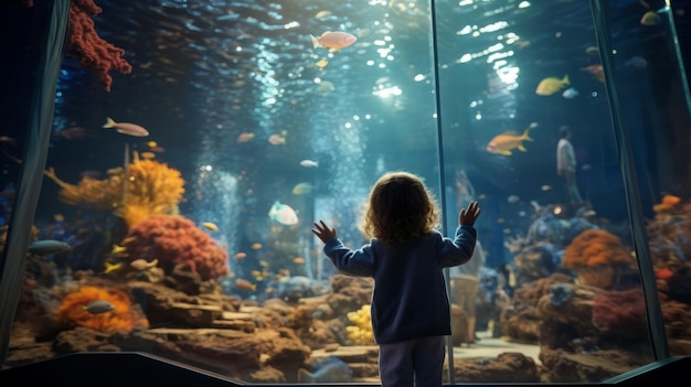 A happy little girl is watching tropical fish marine life in a large aquarium Fun holidays family weekends Sightseeing concepts