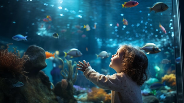 A happy little girl is watching tropical fish marine life in a large aquarium Have a fun vacation a weekend an excursion with your family