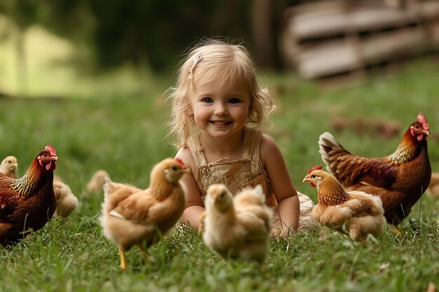 Photo happy little girl playing with chickens in a field