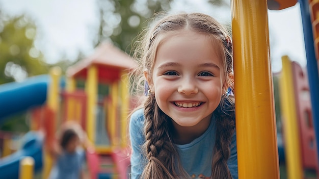 Happy little girl smiling and playing on a colorful playground