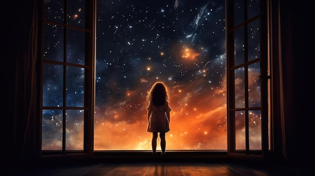 A happy little girl standing at a large window and looking at stars in the sky with dreamy and imaginative beautiful Generative AI AIG32