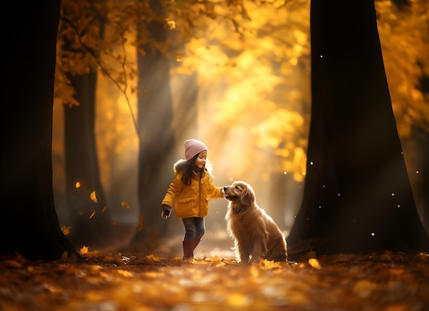 Happy little girl walking with dog by beautiful park alley or fall forest on autumn day or evening Excited joyful child enjoying walk chasing with puppy playing with pet outdoors Lifestyle