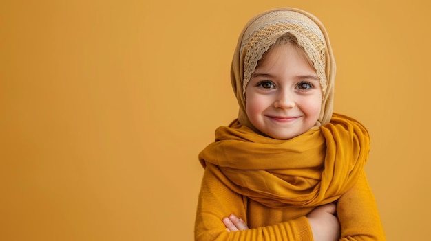 A happy little girl wearing a yellow scarf smiling brightly