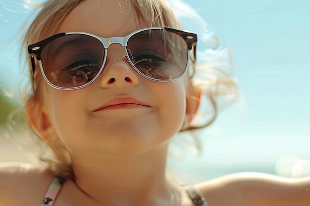 Happy little girl with big sunglasses looking at the sun