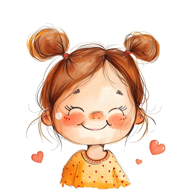 A happy little girl with pigtails and hearts around her closed eyes