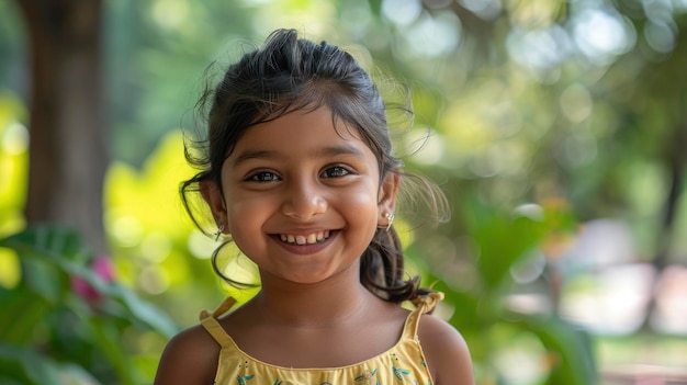 A Happy Little Indian Girl Stands In A Summer Park Her Face Beaming With Joy