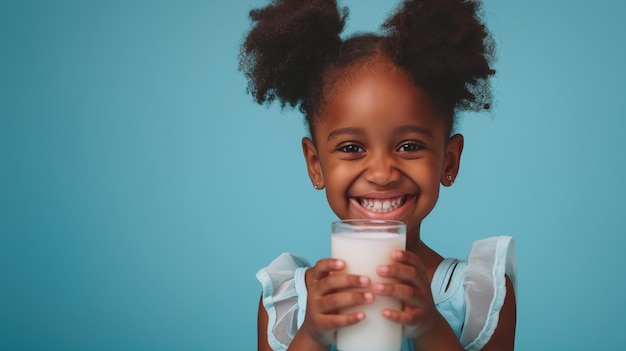 A happy little kid drink milk from glass