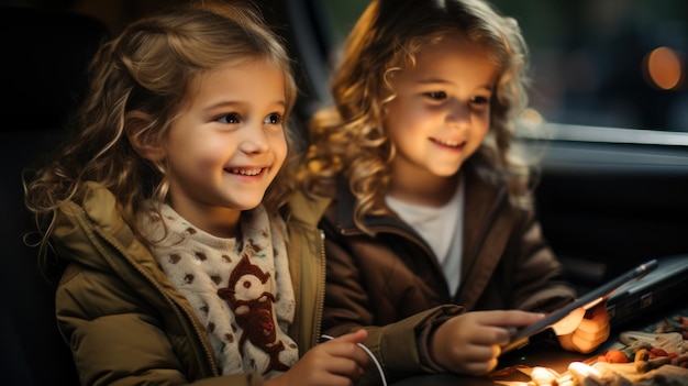 Happy little kids with tablet pc in car at night family travel