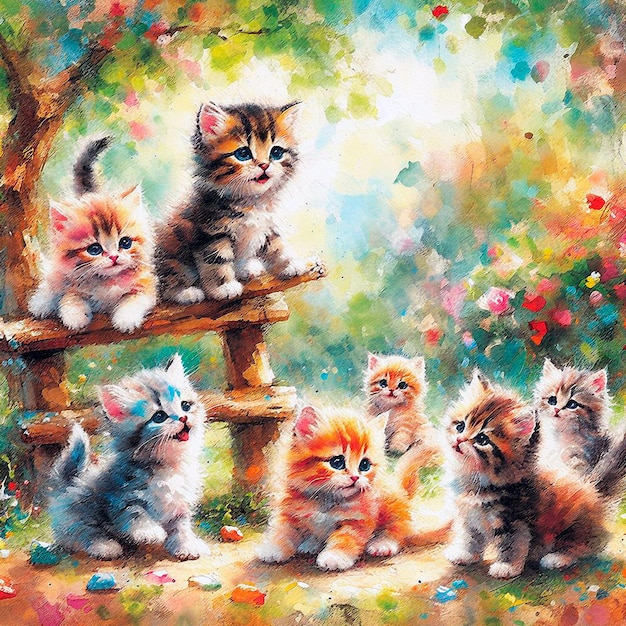 Happy little kittens playing in the park painted in watercolor