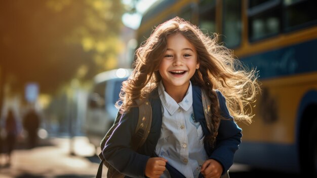 Happy Little School Girl with White and Blue School Uniform AI Generated