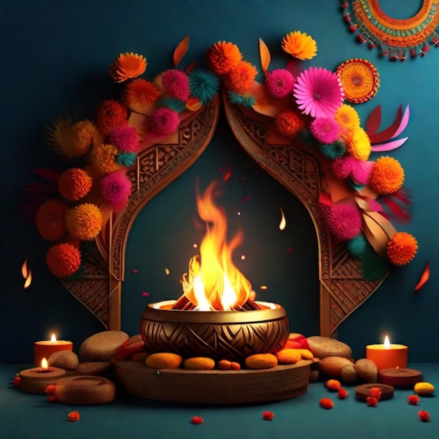 Happy Lohri celebration with vibrant fire and glowing candles