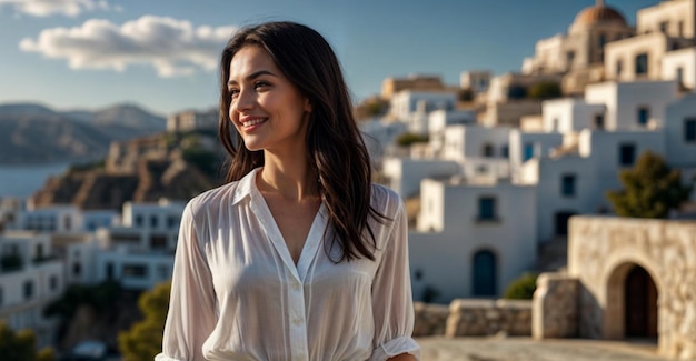 Happy long black haired woman in a white blouse walking through Greece Generate by AI