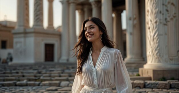 Happy long black haired woman in a white blouse walking through Greece Generate by AI