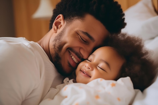 Happy loving young Black dad holding adorable mixed race baby daughter having fun in bed at home Smiling African father playing with cute funny infant child girl waking up in bedroom in the morning