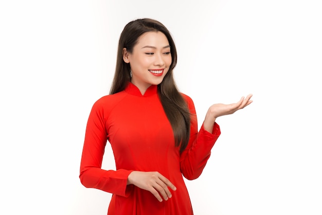 Happy Lunar new year asian woman with give hand gesture isolated on white