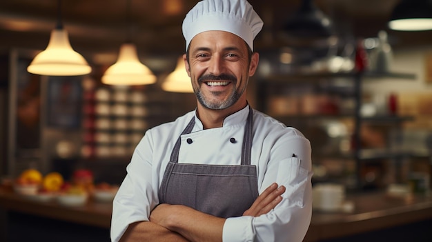 A happy male chef with arms cross