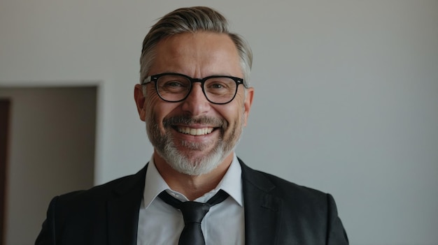 Happy male manager dressed in black formal suit