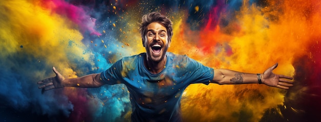 Happy Man on a Background of Color Explosion