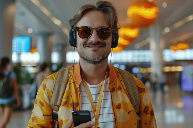 happy man in bright comfy clothes and headphones in the airport using smartphone ai generated