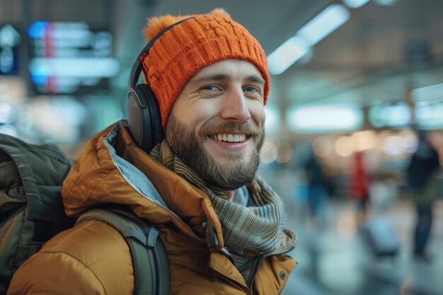 happy man in bright comfy clothes and headphones in the airport using smartphone ai generated