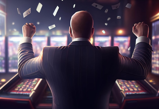 Happy man celebrating victory after winning casino jackpot