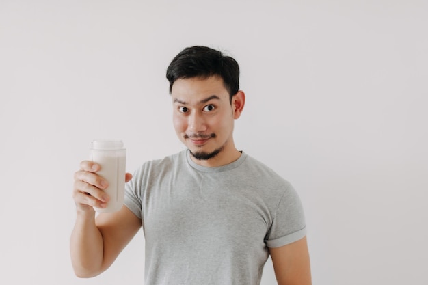 Happy man drink good taste healthy chicken protein shake recipe