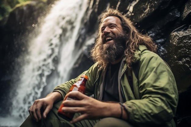 Happy Man Drinking from a Beer Can at a Festival Generative Ai