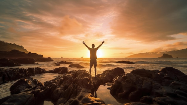 Happy man enjoying life on beach rocks by the ocean with arms wide open silhouette concept