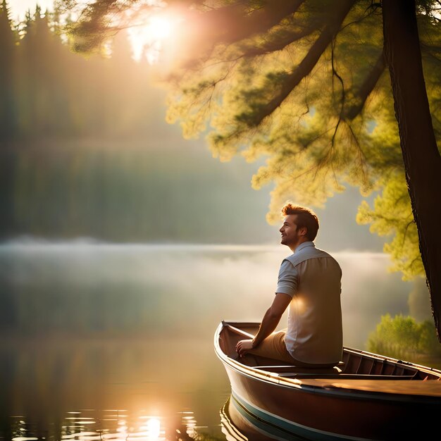 Photo happy man enjoying nature calmly