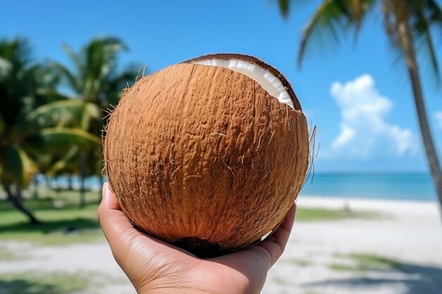 Happy man enjoying tropical vacation with refreshing split coconut on beautiful beach