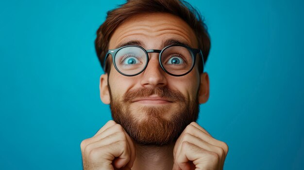 Happy man expressing excitement against a blue background