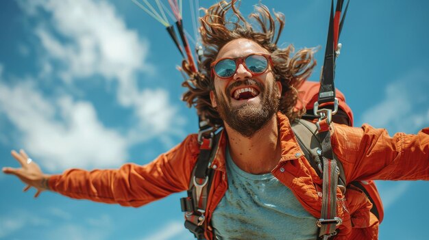 Photo happy man flying in the sky with a parachute tourist with a parachute flying in the sky