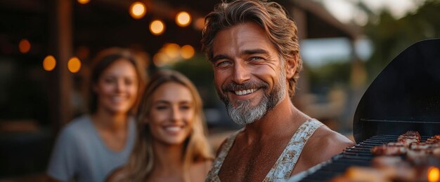 Happy Man Grilling with Friends at a Backyard BBQ Party