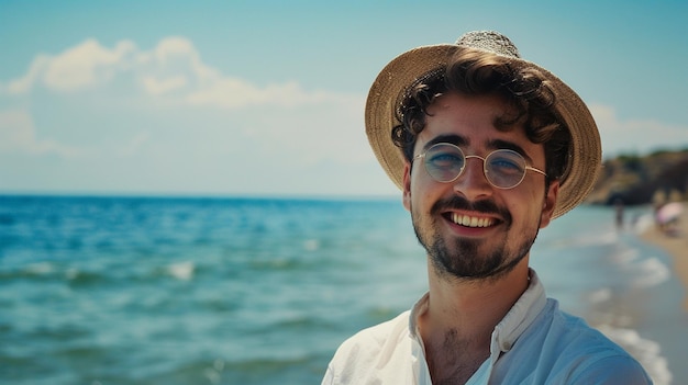 Happy Man in Hat and Glasses Enjoying Beach Day