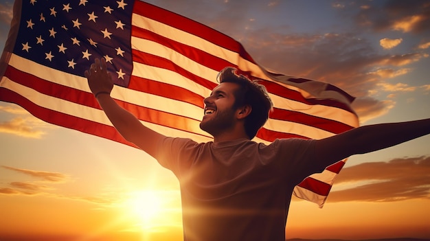 Happy man holding American Flag in the sunset sky freedom and patriotism concept